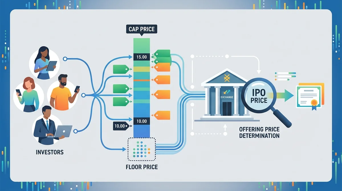 IPO竞价概念示意图：展示投资者、价格区间（floor price 至 cap price）和股票交易所之间的流程关系