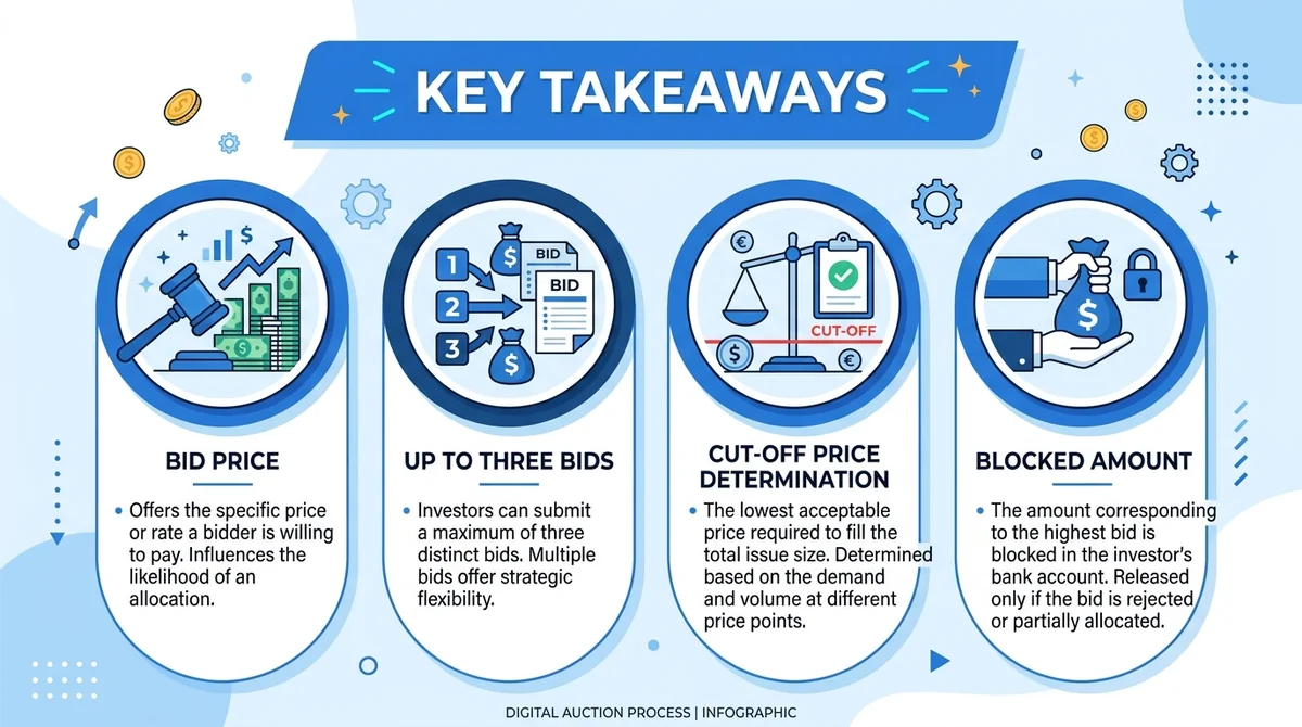 Wide 16:9 horizontal infographic, three bullet points with icons: bid price, up to three bids, cut-off price determination, b