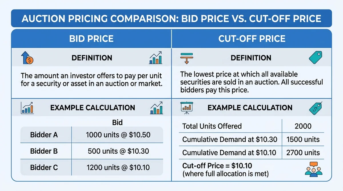 Wide 16:9 horizontal comparison chart, two columns labeled 'Bid Price' and 'Cut-off Price', definitions below each, example c
