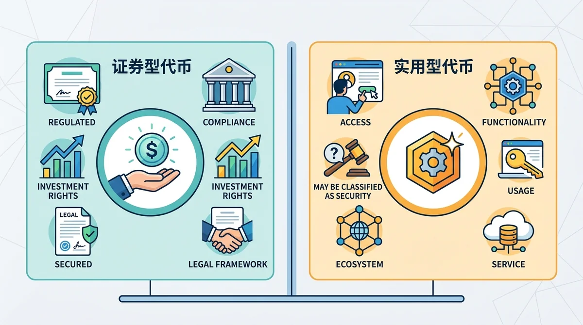 证券型代币 vs 实用型代币对比图:左侧证券型代币(代表投资权益、受监管),右侧实用型代币(提供使用功能、可能被认定为证券)