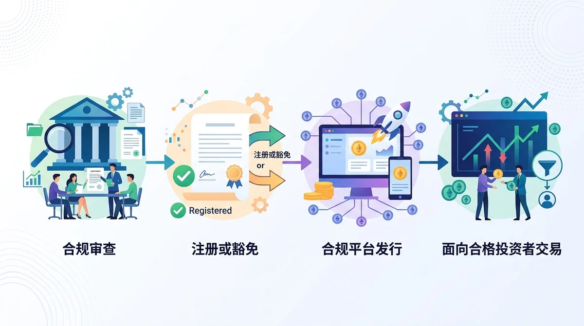 证券型代币发行流程信息图:步骤1合规审查,步骤2注册或豁免,步骤3合规平台发行,步骤4面向合格投资者交易