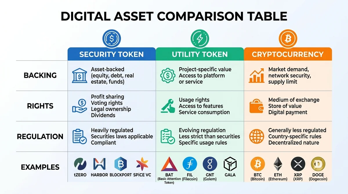 Wide 16:9 horizontal comparison table, three columns for Security Token, Utility Token, and Cryptocurrency, rows for Backing,