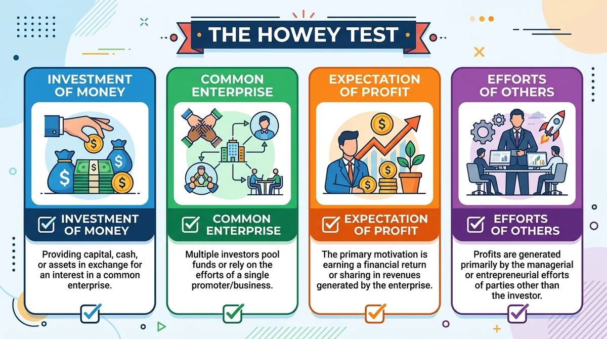 Wide 16:9 horizontal infographic, four distinct sections with icons and checkboxes, labels in English: 'Investment of money',