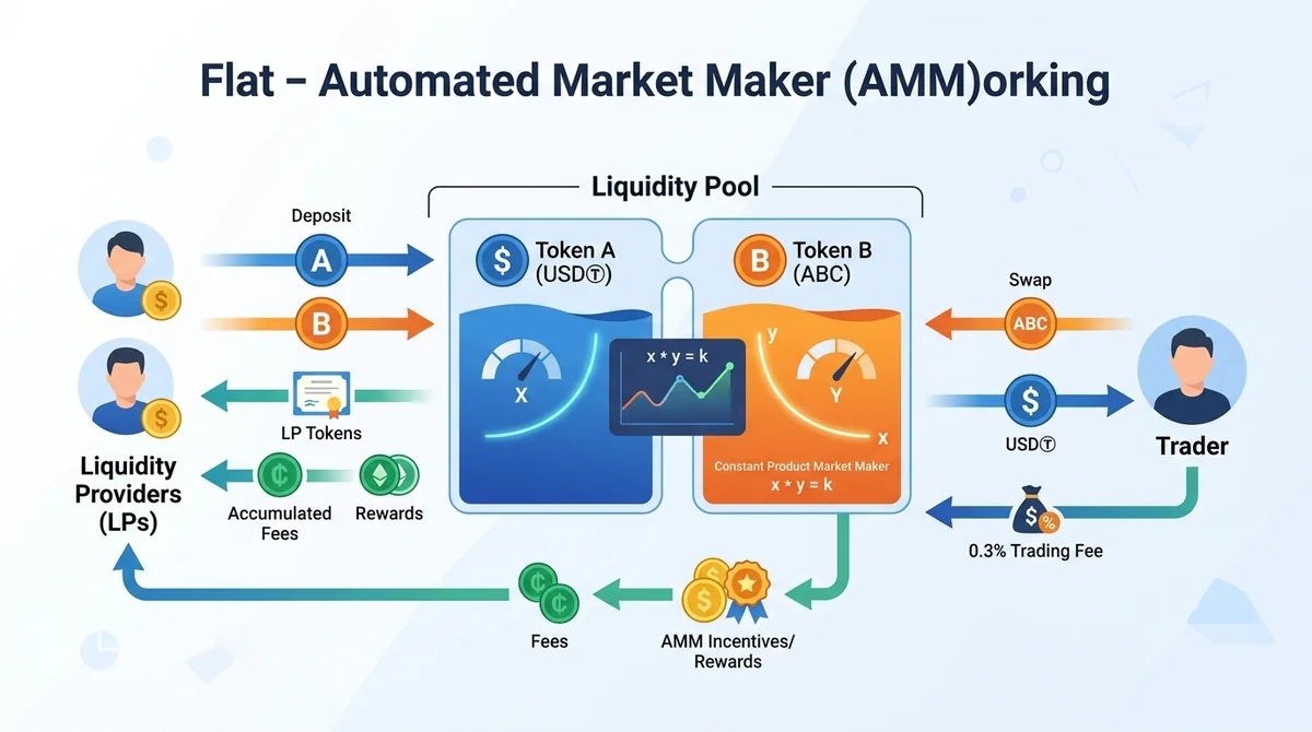 自动做市商（AMM）工作原理示意图，展示用户向流动性池存入两种代币、交易者与池子交易、流动性提供者获得手续费和奖励的流程