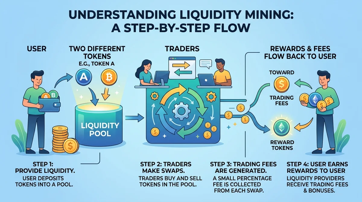 Wide 16:9 horizontal infographic, step-by-step flow diagram of liquidity mining: user deposits two tokens into a pool, trader