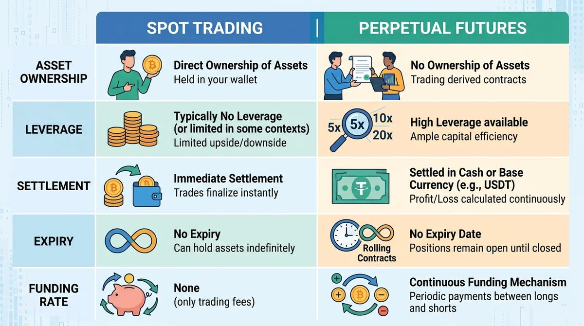 Table comparing spot and perpetual futures across key dimensions: asset ownership, leverage, settlement, expiry, and funding