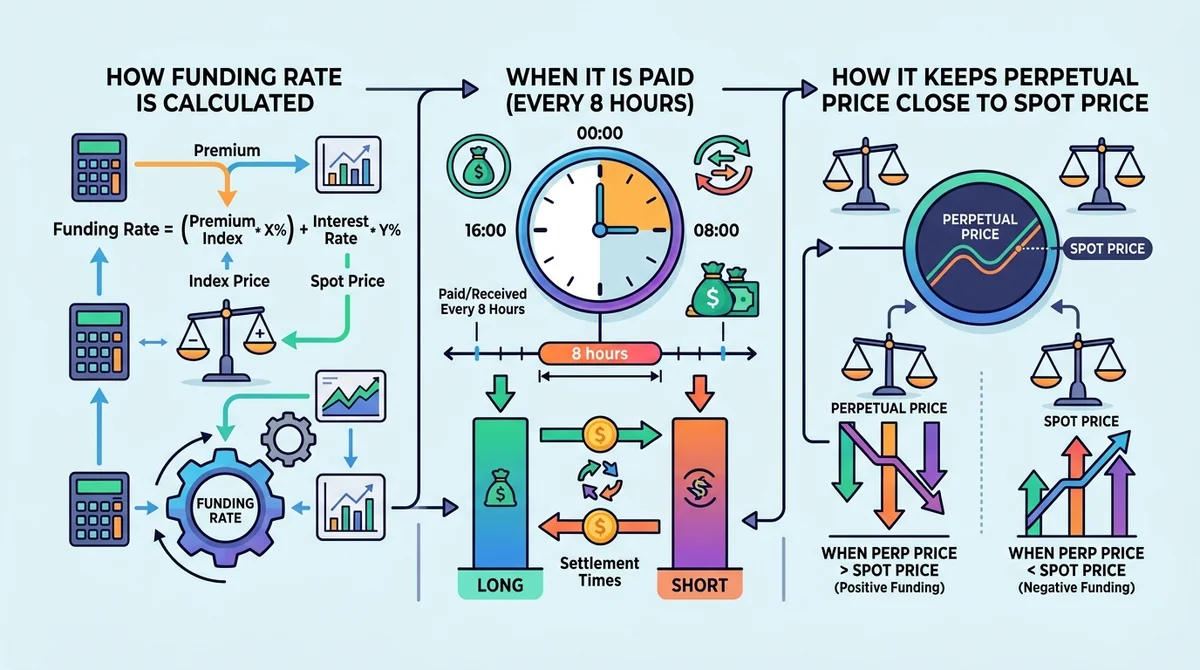 Infographic explaining funding rate mechanism: shows how funding rate is calculated, when it is paid (every 8 hours), and how