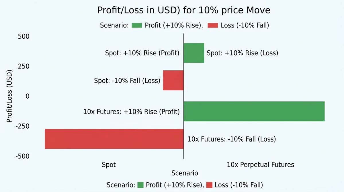 Horizontal bar chart, two groups: Spot and 10x Perpetual Futures, each with positive (profit) and negative (loss) bars for a