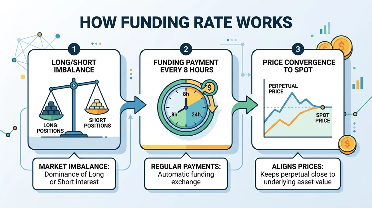 Horizontal infographic with three connected steps: 1) Long/Short imbalance icon, 2) Funding payment arrow every 8 hours, 3) P
