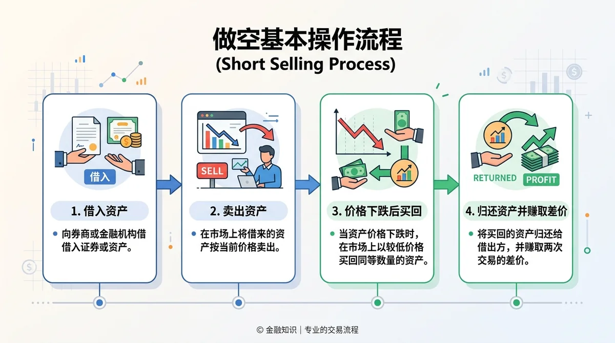 做空基本操作流程四步图：借入资产→卖出资产→价格下跌后买回→归还资产并赚取差价，每步配图标和简短说明