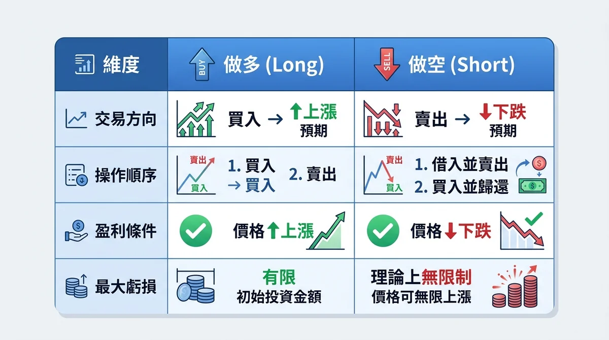 做多与做空对比表：交易方向、操作顺序、盈利条件、最大亏损等维度并排展示