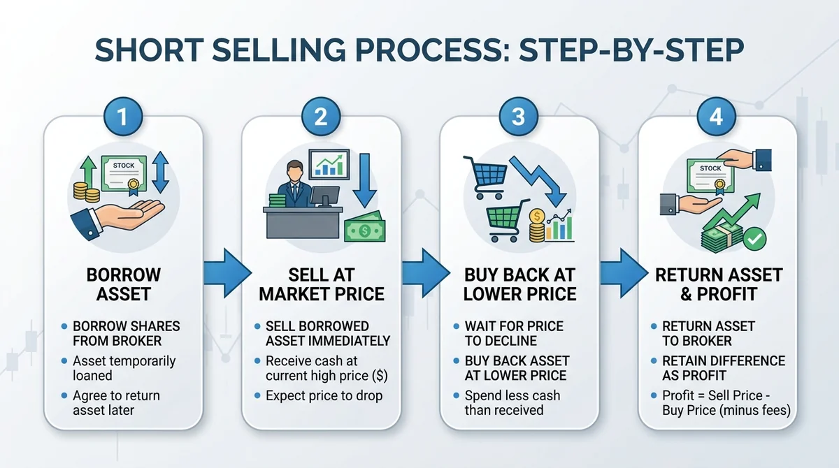 Wide 16:9 horizontal infographic, four-step flow diagram from left to right: 1 Borrow asset, 2 Sell at market price, 3 Buy ba