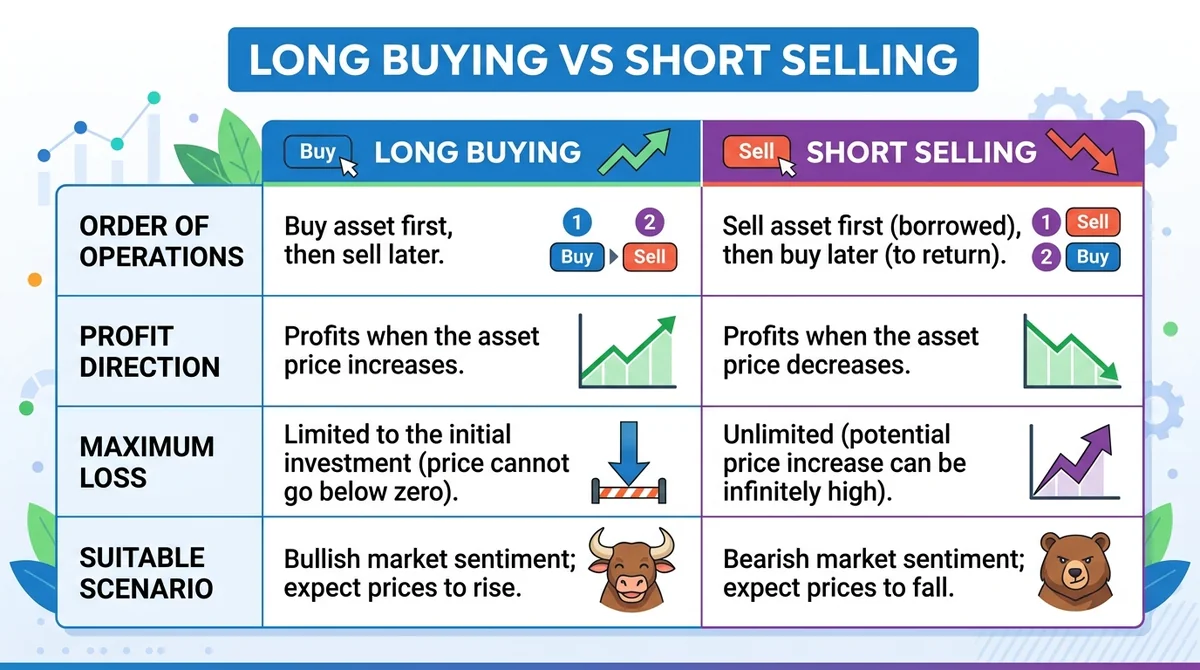 Wide 16:9 horizontal comparison chart, two columns labeled 'Long Buying' and 'Short Selling', rows for order of operations, p