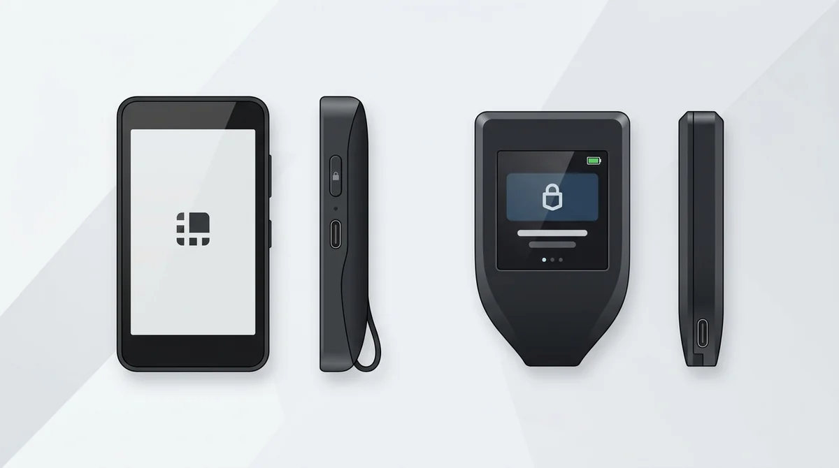 硬件钱包外观示意图:展示常见硬件钱包(如 Ledger、Trezor)的正面与侧面,标注USB接口和屏幕
