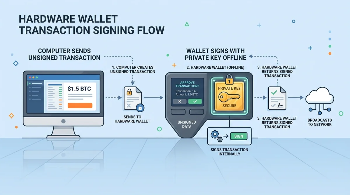 Wide 16:9 horizontal infographic, clean flat design, flowchart of hardware wallet transaction signing: computer sends unsigne
