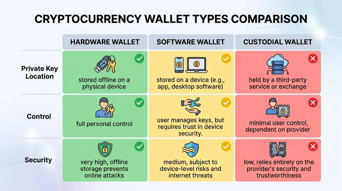 Wide 16:9 horizontal comparison table, three columns for hardware wallet, software wallet, custodial wallet, rows: Private Ke