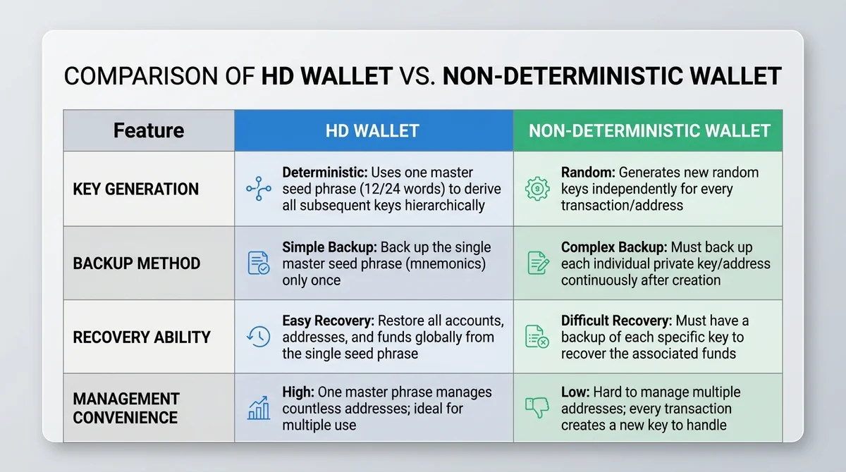 Wide 16:9 horizontal comparison table, two columns labeled 'HD Wallet' and 'Non-Deterministic Wallet', rows for Key Generatio