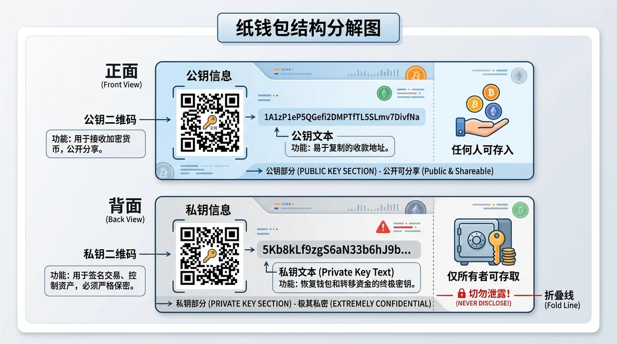 纸钱包结构分解图：展示公钥、私钥、二维码在纸张上的布局，并标注各部分功能