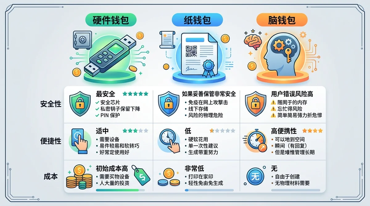 冷钱包类型对比图：硬件钱包、纸钱包、脑钱包在安全性、便捷性、成本三个维度的对比表格
