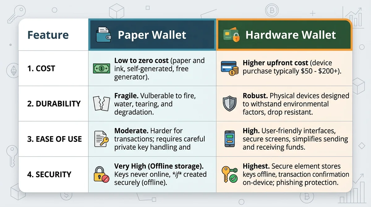 Wide 16:9 horizontal comparison table, two columns labeled 'Paper Wallet' and 'Hardware Wallet', rows for Cost, Durability, E