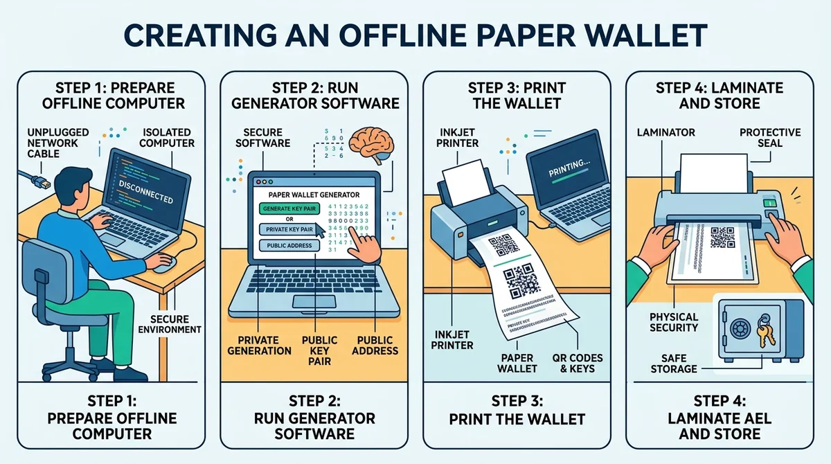 Wide 16:9 horizontal step-by-step illustration with four numbered panels showing offline computer, generator software, printe