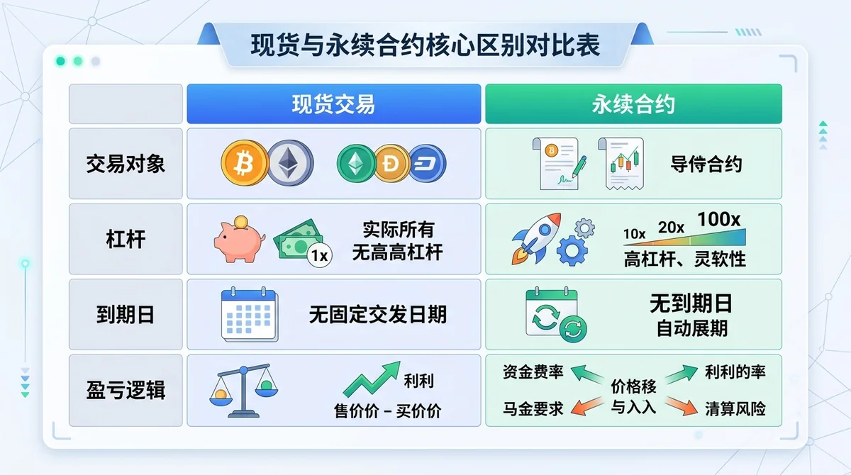 现货与永续合约核心区别对比表，包含交易对象、杠杆、到期日、盈亏逻辑四个维度