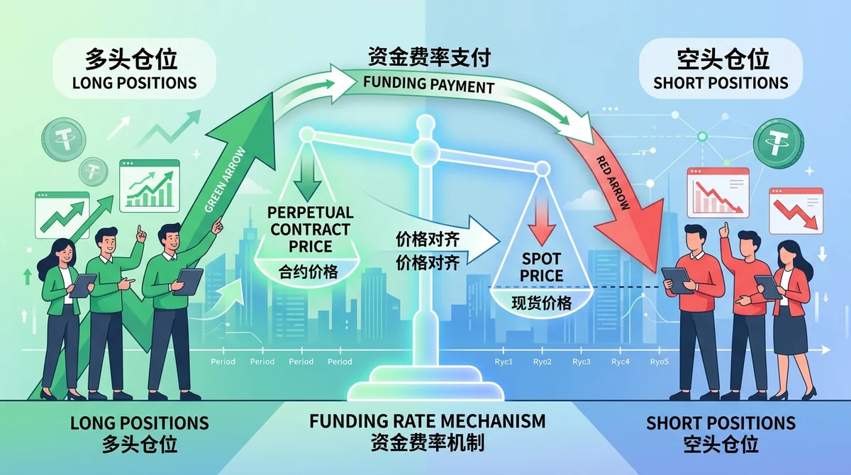资金费率机制示意图：展示多空双方定期支付费用，使合约价格贴近现货价格