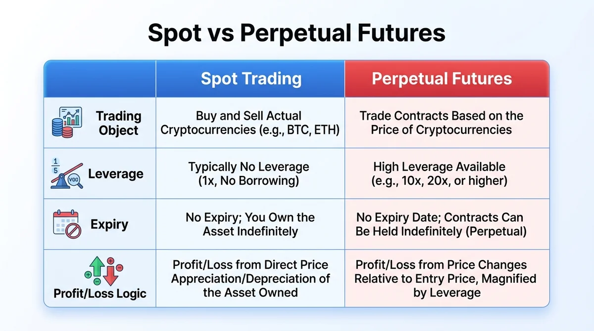 Clean comparison table with two columns: Spot Trading and Perpetual Futures. Rows: Trading Object, Leverage, Expiry, Profit/L