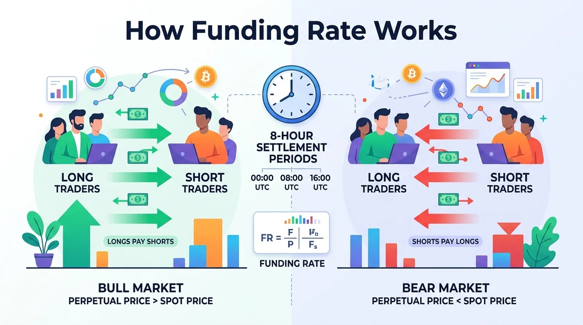 Flat infographic explaining funding rate in perpetual futures. Show two groups (long traders and short traders) with arrows i