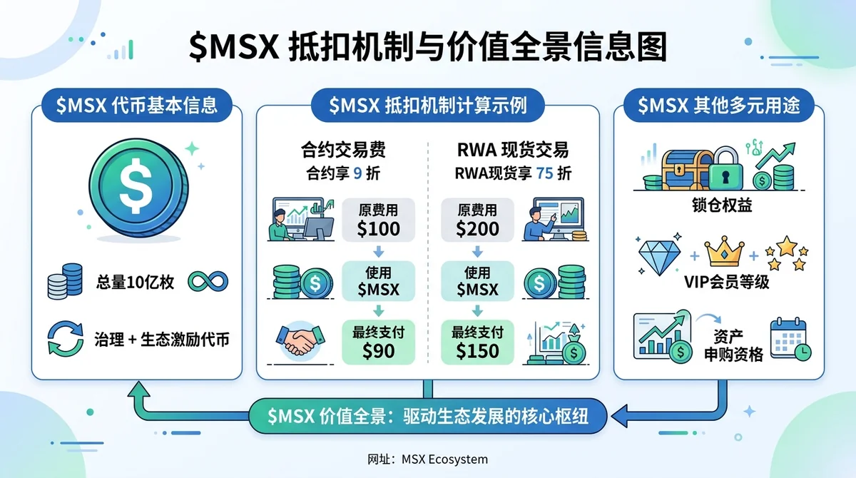 $MSX抵扣机制信息图:左侧展示$MSX代币基本信息(总量10亿枚、治理+生态激励代币),中部双栏对比合约享9折与RWA现货享75折的省费计算示例,右侧列出$MSX其他用途(锁仓权益、VIP会员、资产申购),整体呈现$MSX价值全景