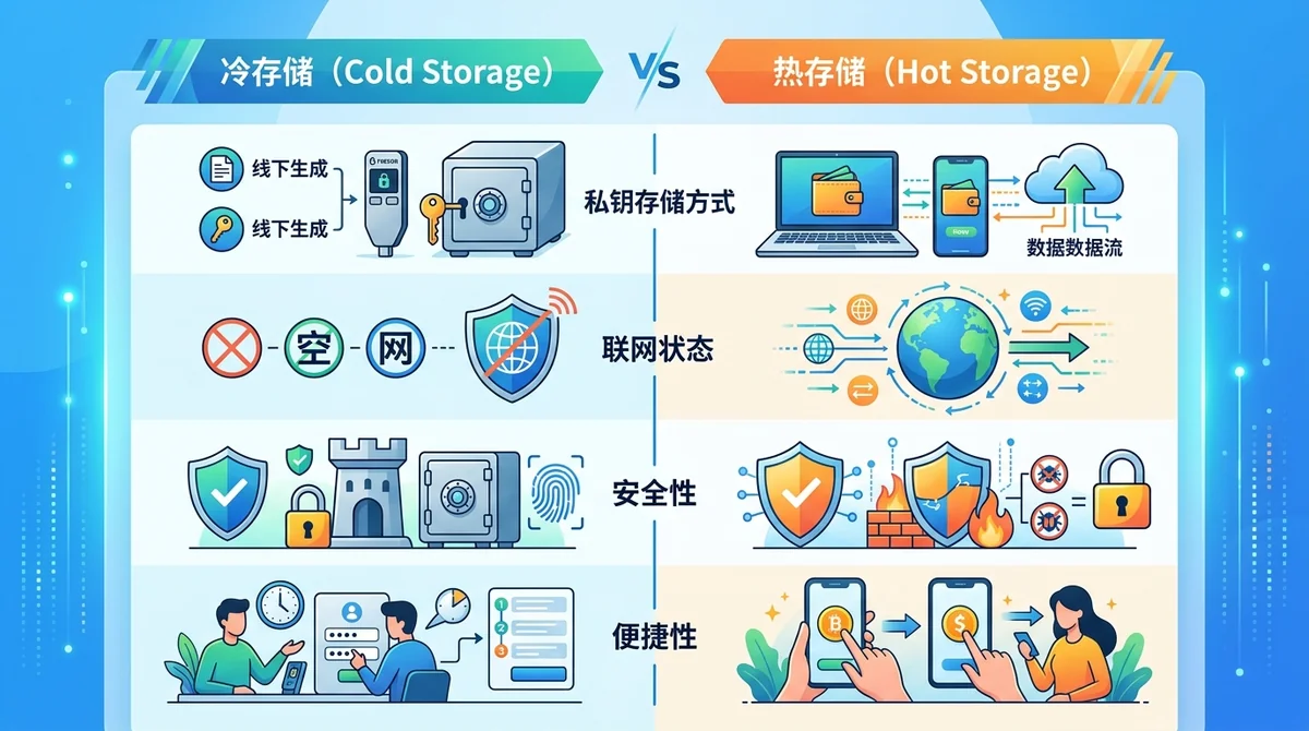 冷存储与热存储对比表格:对比私钥存储方式、联网状态、安全性、便捷性等维度