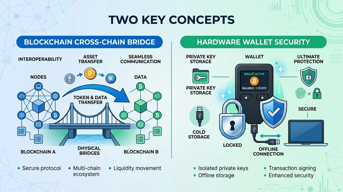Wide 16:9 horizontal infographic, two columns, left column showing a bridge between two chains with an arrow, right column sh
