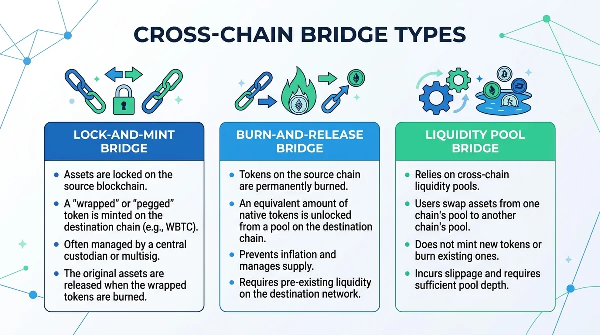 Wide 16:9 horizontal comparison chart, three columns for lock-and-mint, burn-and-release, and liquidity pool bridges, each co