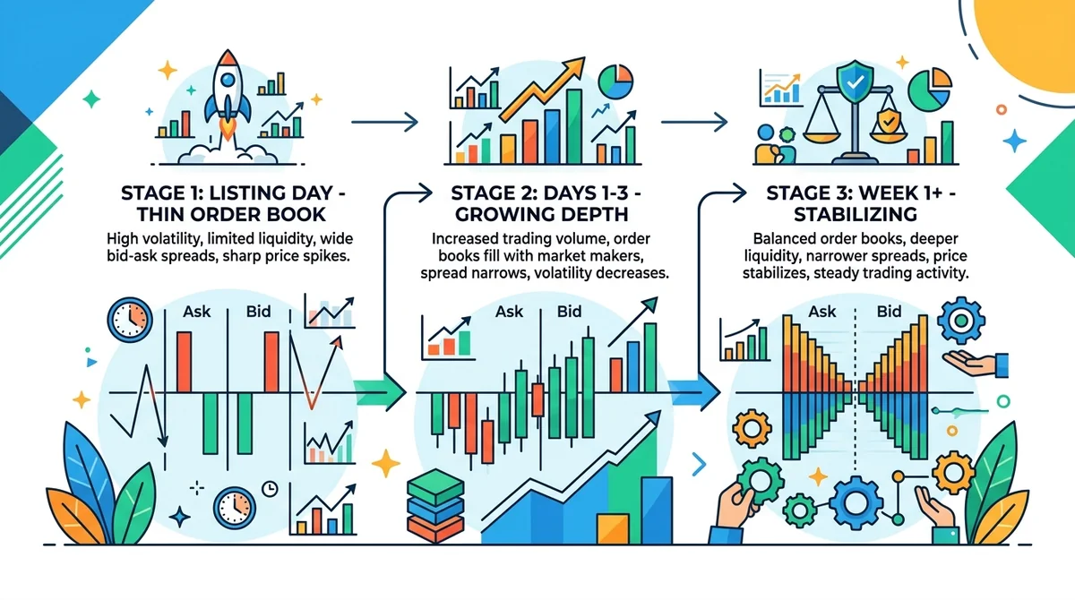 Infographic showing the typical liquidity journey of a new coin after Binance listing. Three stages: 'Listing Day - Thin Orde
