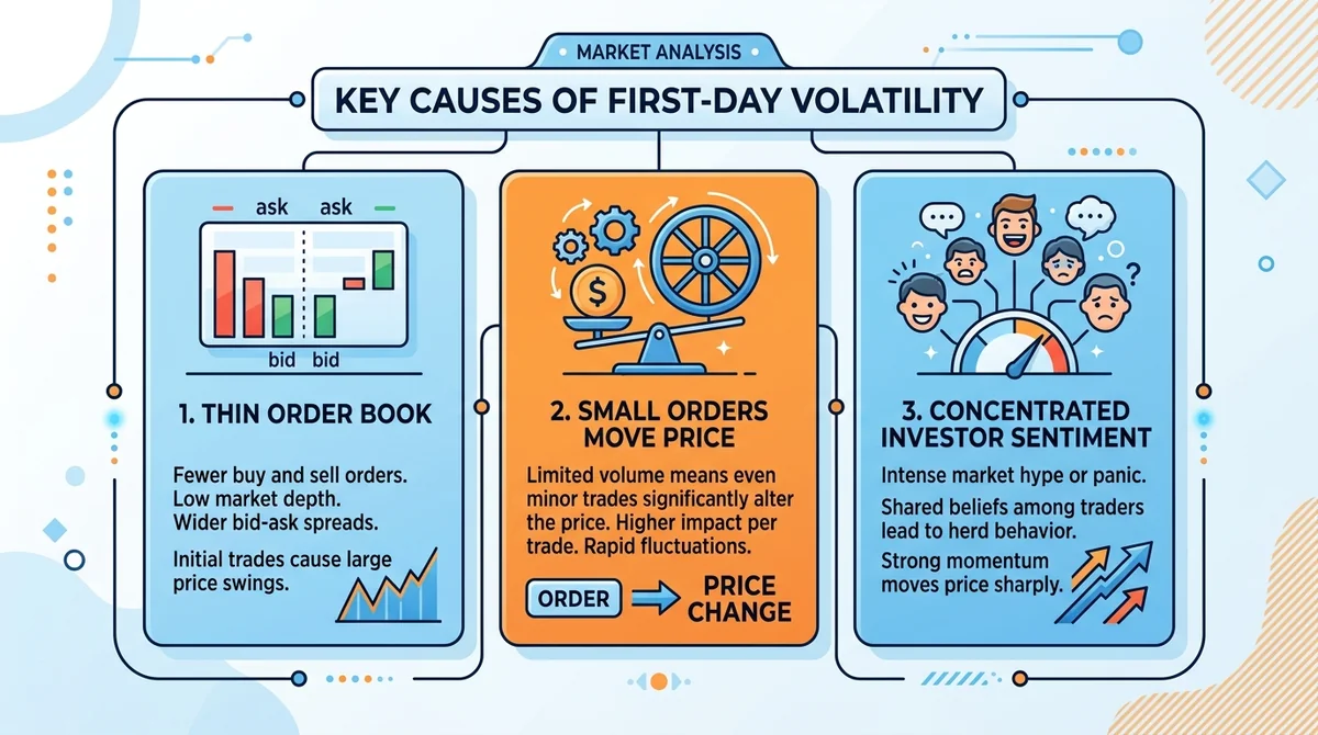 Wide 16:9 horizontal infographic, three key causes of first-day volatility: thin order book, small orders move price, concent
