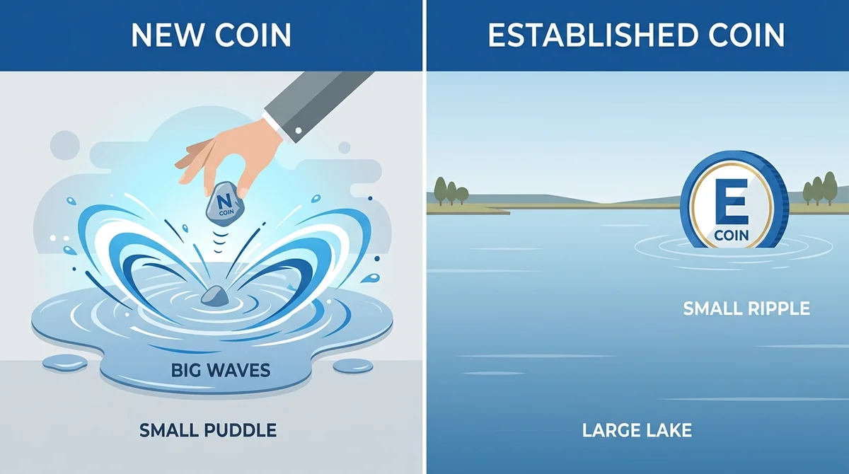Wide 16:9 horizontal comparison chart, left side new coin as small puddle with big waves from a stone, right side established
