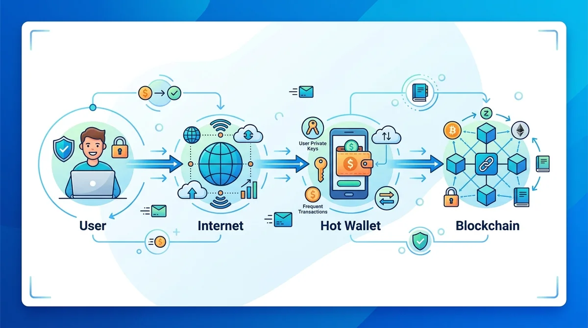 Infographic explaining how a hot wallet works: user -> internet -> hot wallet -> blockchain. Shows flow with icons.