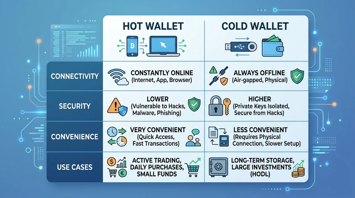 Comparison table or chart of hot wallet vs cold wallet: connectivity, security, convenience, use cases.