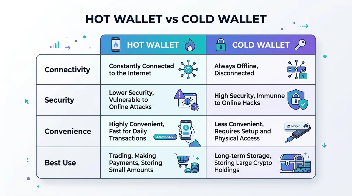 Wide 16:9 horizontal comparison table with two columns labeled 'Hot Wallet' and 'Cold Wallet', rows for Connectivity, Securit