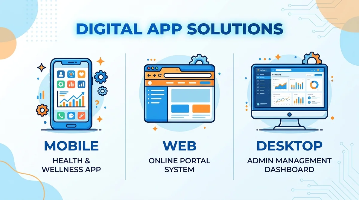 Wide 16:9 horizontal infographic, three icons evenly spaced: smartphone, browser window, desktop monitor, each with bold Engl