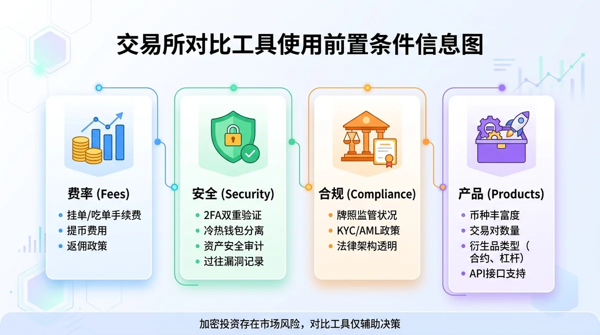 交易所对比工具使用前置条件信息图：四大核心对比维度（费率、安全、合规、产品）以图标+文字卡片形式横向排列，底部注明"加密投资存在市场风险，对比工具仅辅助决策"免责提示