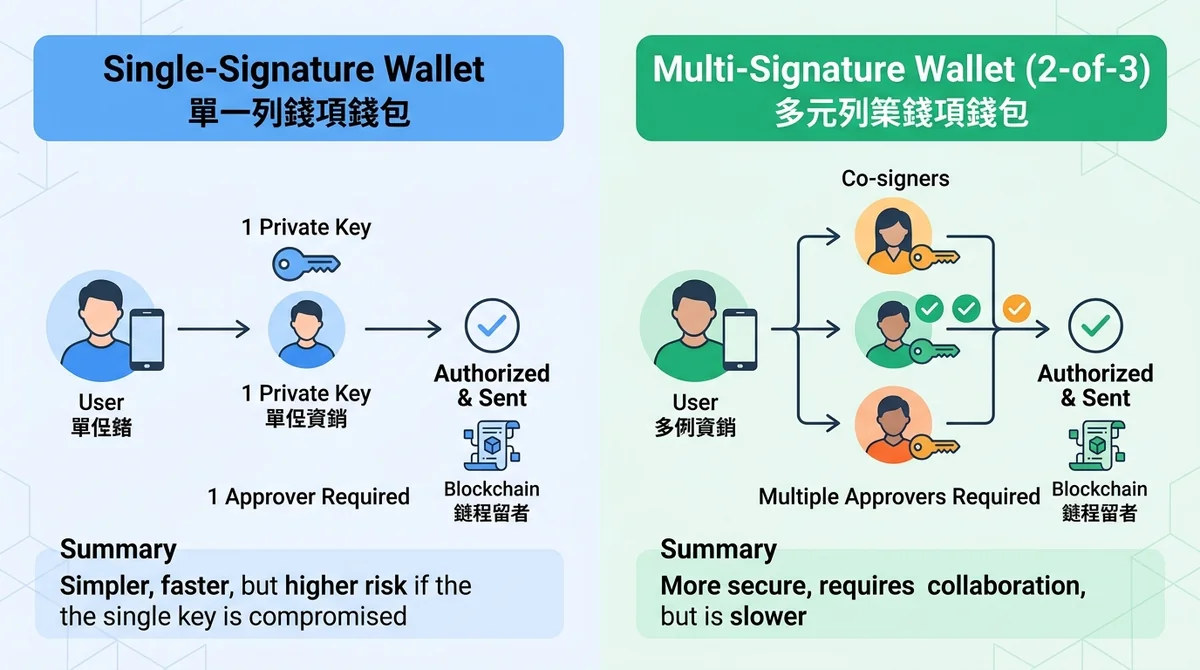 单签钱包与多签钱包对比信息图，展示交易授权流程差异