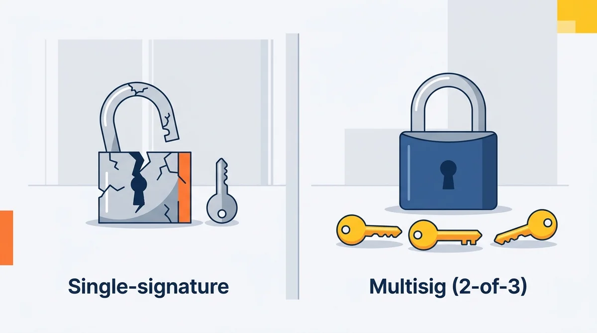 Wide 16:9 horizontal flat illustration, left side shows one key and a broken lock labeled 'Single-signature', right side show