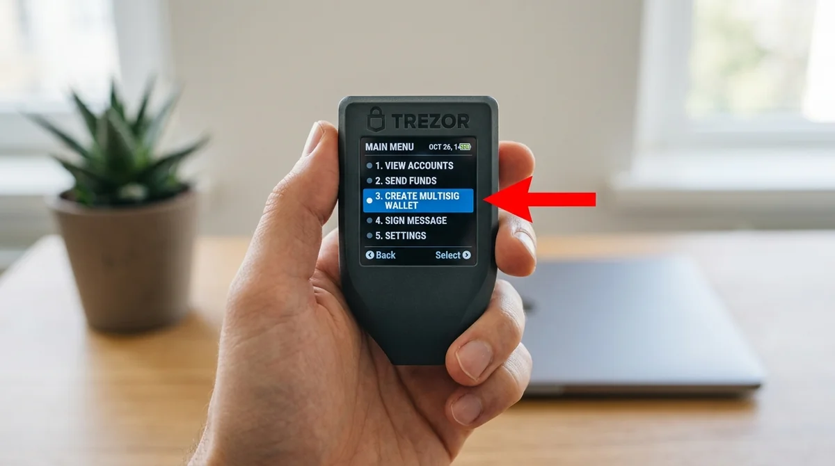 Wide 16:9 horizontal realistic screenshot mockup, cold wallet device in hand displaying menu with 'Create multisig wallet' hi