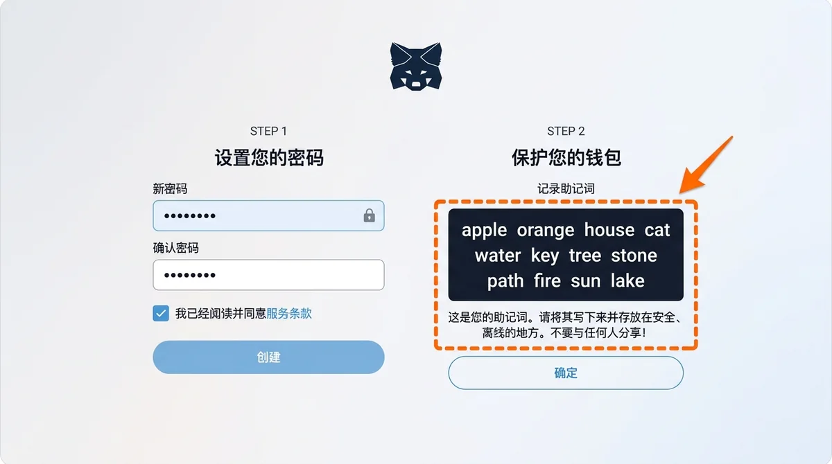 MetaMask 创建钱包步骤截图：显示设置密码和记录助记词的界面，用箭头高亮助记词区域