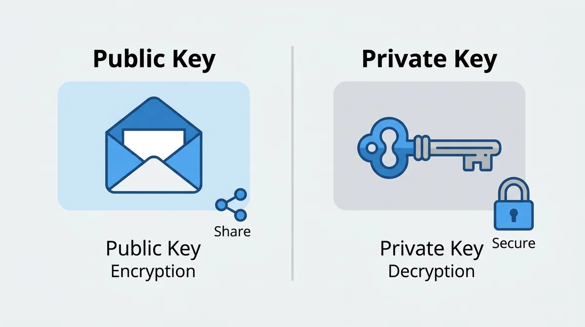Flat vector icon diagram, two panels: left shows an envelope labeled 'Public Key' with share icon, right shows a key labeled