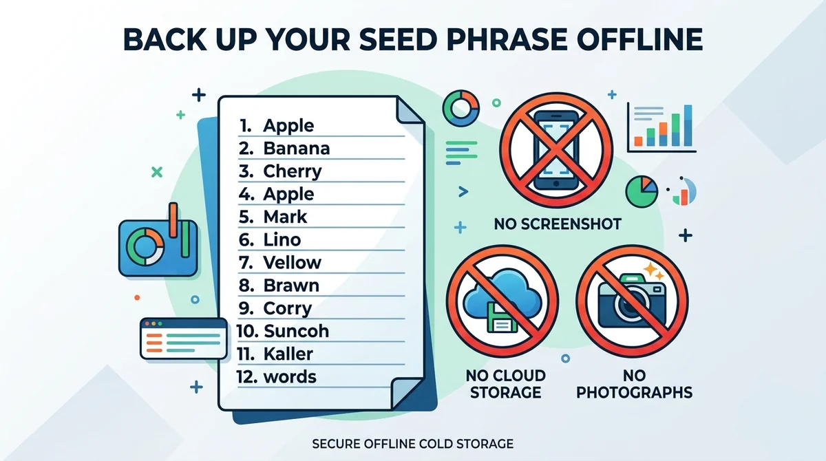 Infographic with a paper card showing a 12-word seed phrase list, warning icons for 'No screenshot', 'No cloud', 'No photo',