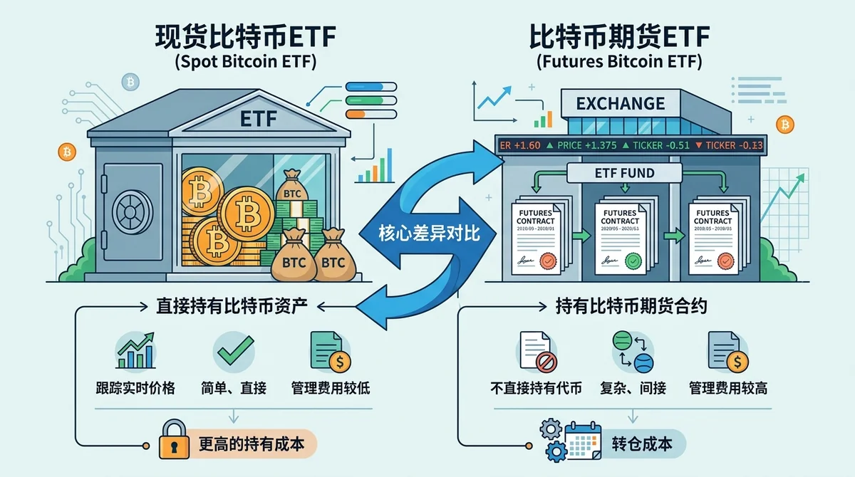 现货ETF与普通ETF对比信息图:左侧展示现货ETF直接持有比特币,右侧展示普通ETF持有期货合约,中间用箭头连接,底部标注关键差异