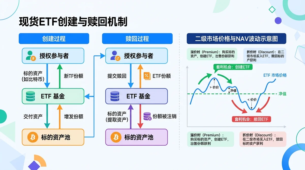 现货ETF创建与赎回机制流程图:展示授权参与者(AP)在一级市场创建和赎回ETF份额的步骤,以及市场价格围绕NAV波动的示意图