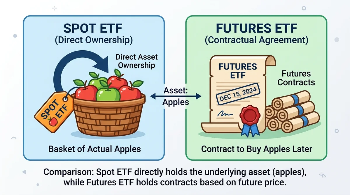 Flat clean icon diagram, two panels side by side, left panel shows a basket of apples with a direct ownership tag labeled 'Sp